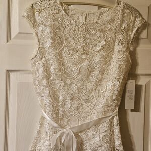 Ivory Lace Cap-Sleeve Blouse with Satin Waist Tie